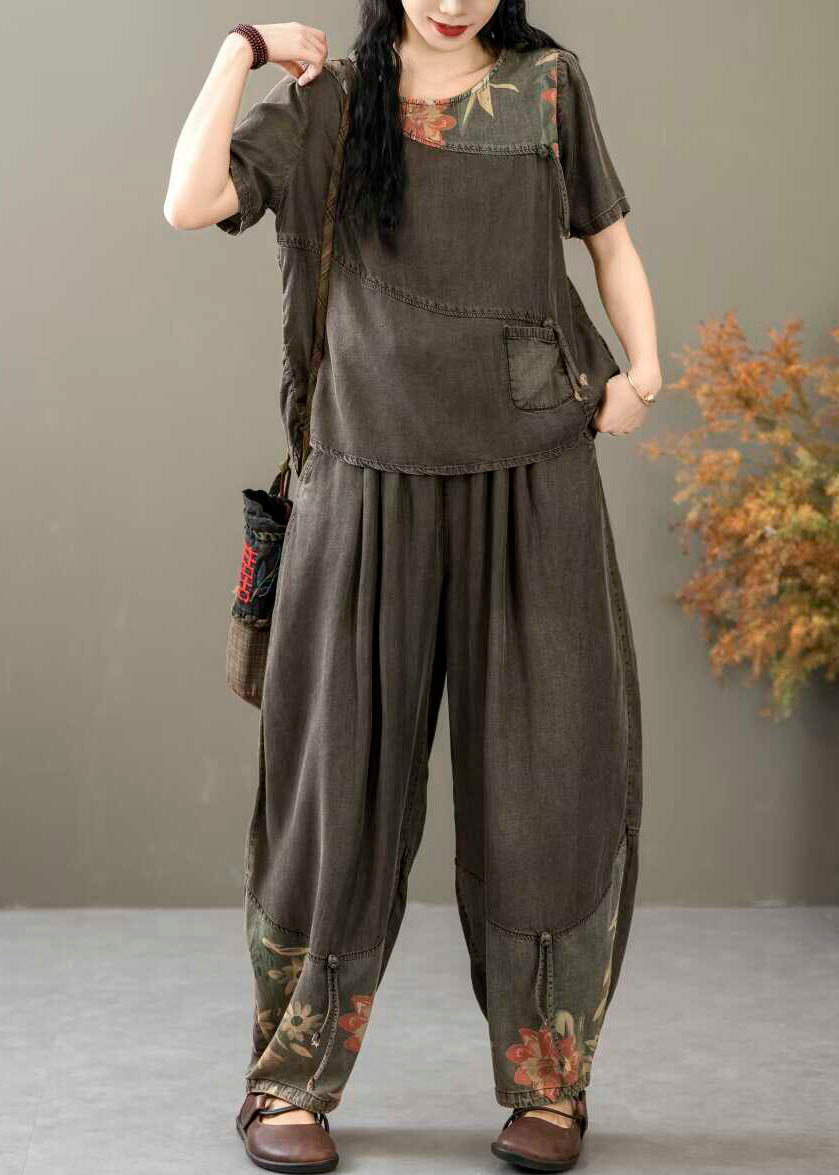 Black Print Tops and Crop Pants Denim Two Piece Suit Summer
