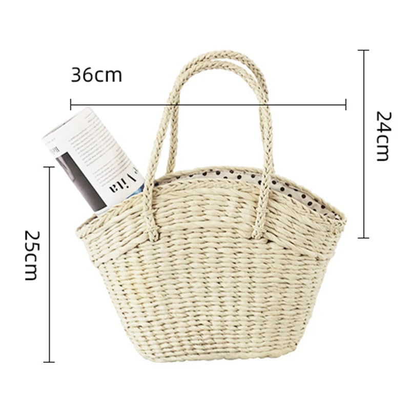 Summer New Straw Woven Braided Top Handle Travel Shopping Bucket Simple Large Handbags
