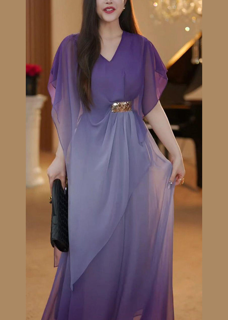 Gradient Color Asymmetrical High Waist Chiffon Long Dress Summer