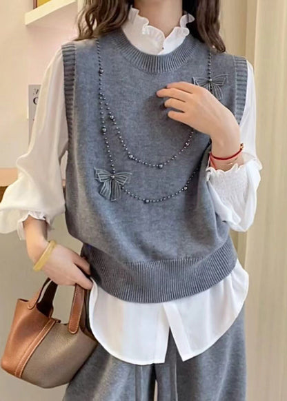 Grey Butterfly Nail Bead Knit Vest Summer