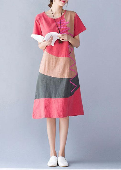Cotton Linen O Neck Khaki Short Sleeve Dresses Summer