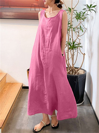 Cotton Linen Simple Wind Loose Pockets Round Neck Temperament Sleeveless Color Dress Female