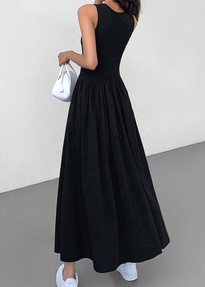 Original Black O Neck Pockets Patchwork Cotton Long Dress Sleeveless