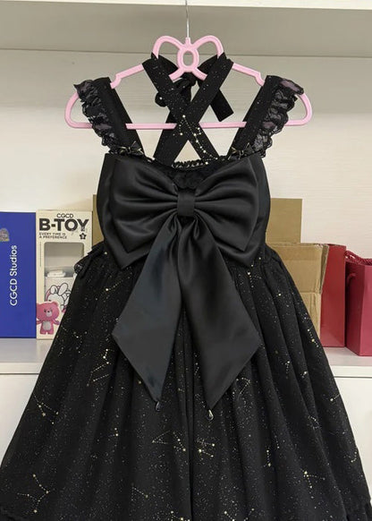 Italian Black Bow Lace Mid Dress Sleeveless