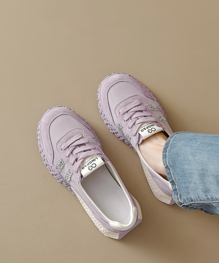 Purple Suede Lace Up Splicing Flat Shoes