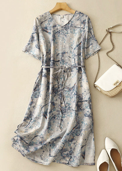 Blue V Neck Print Tie Waist Cotton Dresses Summer
