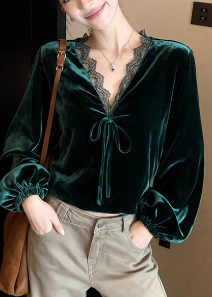 Peacock Green V Neck Lace Patchwork Silk Velvet Shirt Lantern Sleeve