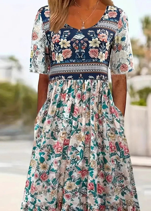 O Neck Print Pockets Cotton Dress Summer