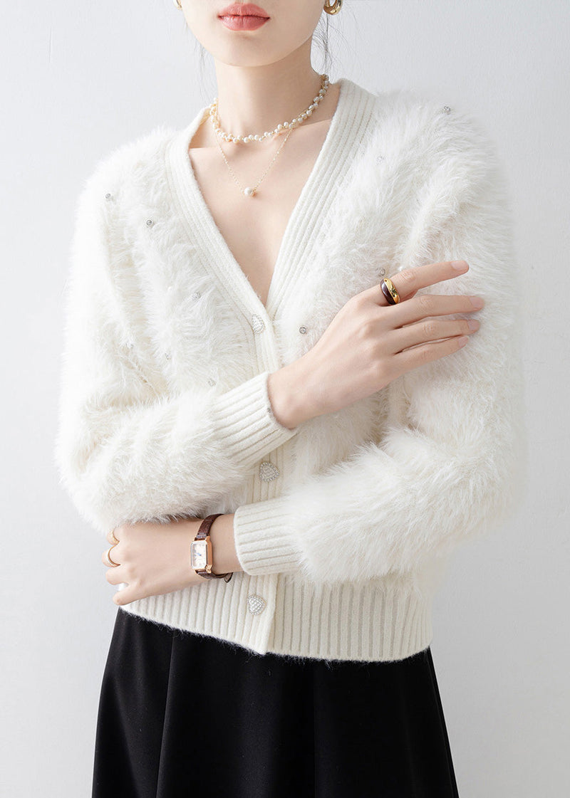 New White V Neck Zircon Mink Hair Knitted Cardigan Spring