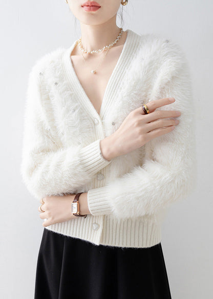 New White V Neck Zircon Mink Hair Knitted Cardigan Spring
