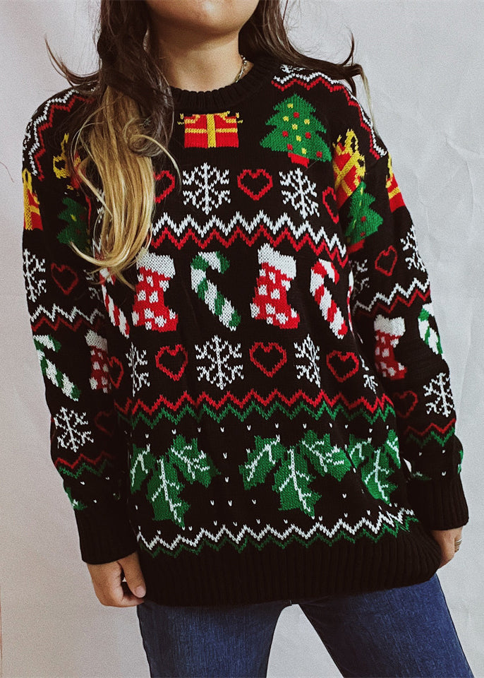 Loose Black O Neck Jacquard Christmas Knit Sweaters Winter