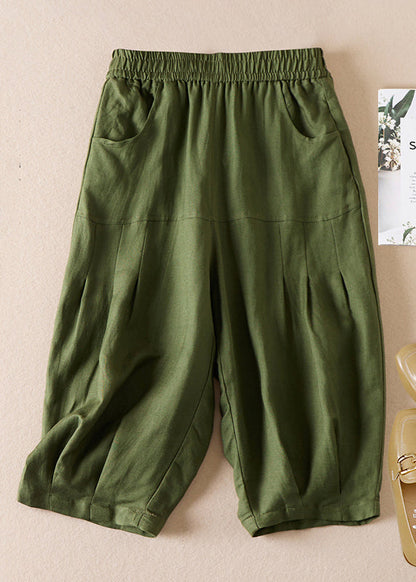 Beige Pockets Wrinkled Elastic Waist Cotton Shorts Summer