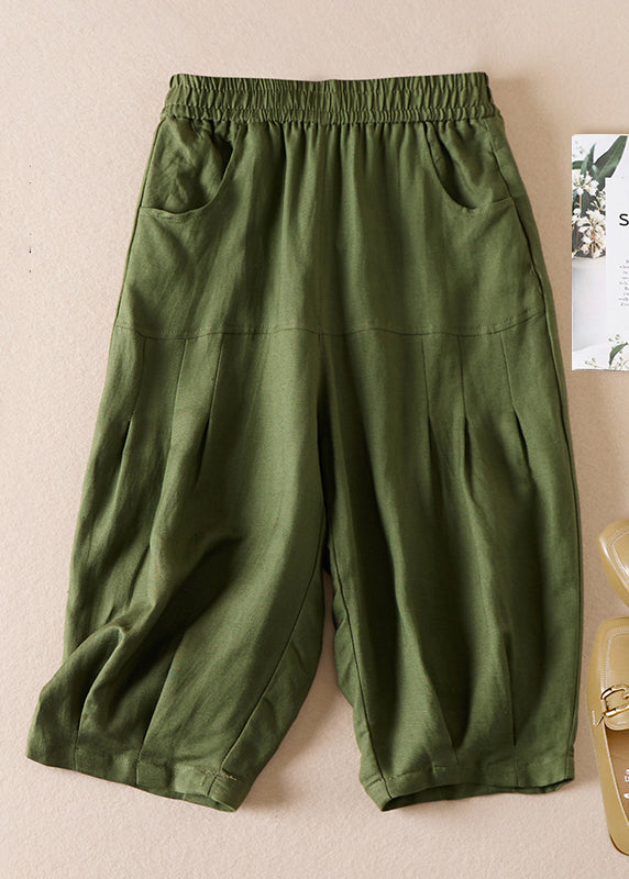 Beige Pockets Wrinkled Elastic Waist Cotton Shorts Summer