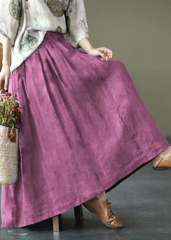 Pink Print Ramie Elastic Waist Skirt