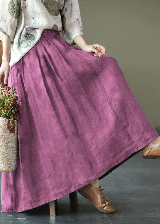 Pink Print Ramie Elastic Waist Skirt
