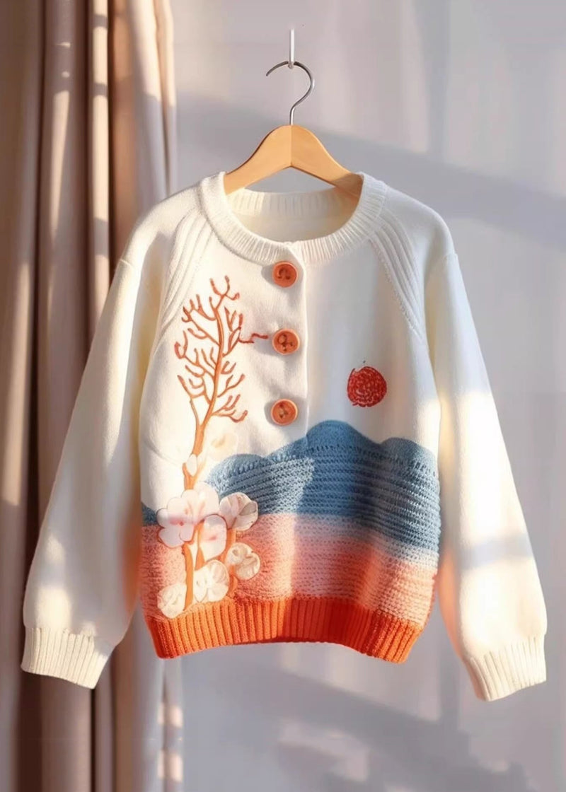 Beige Print Button Knit Sweaters Fall