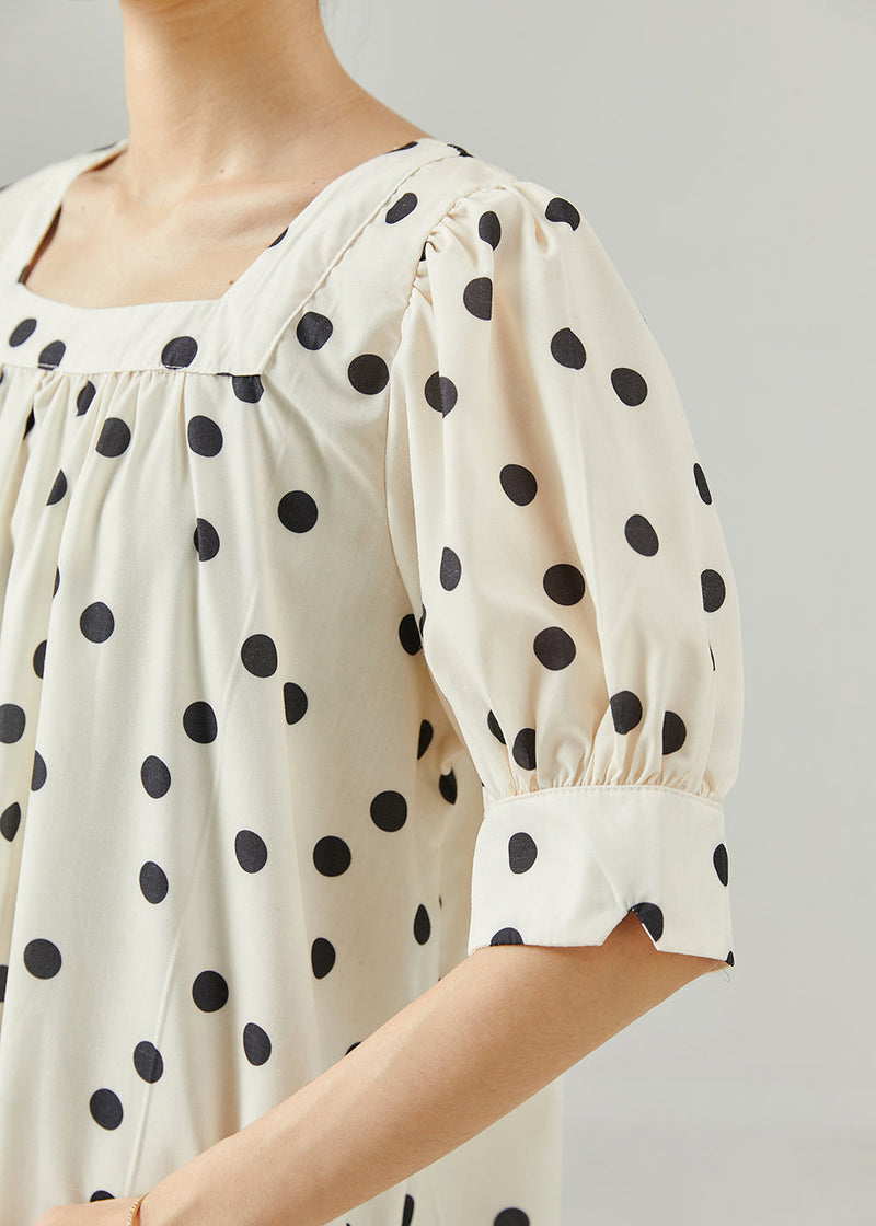 White Square Collar Dot Print Cotton Dress Summer