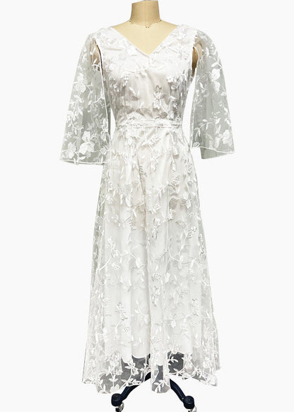 White V Neck Backless Tulle Lace Long Dress Summer