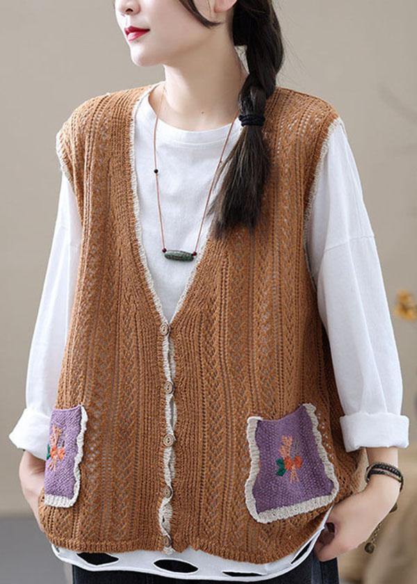 Style Khaki Embroidered Pockets Fall Shirt Knit Vest Sleeveless