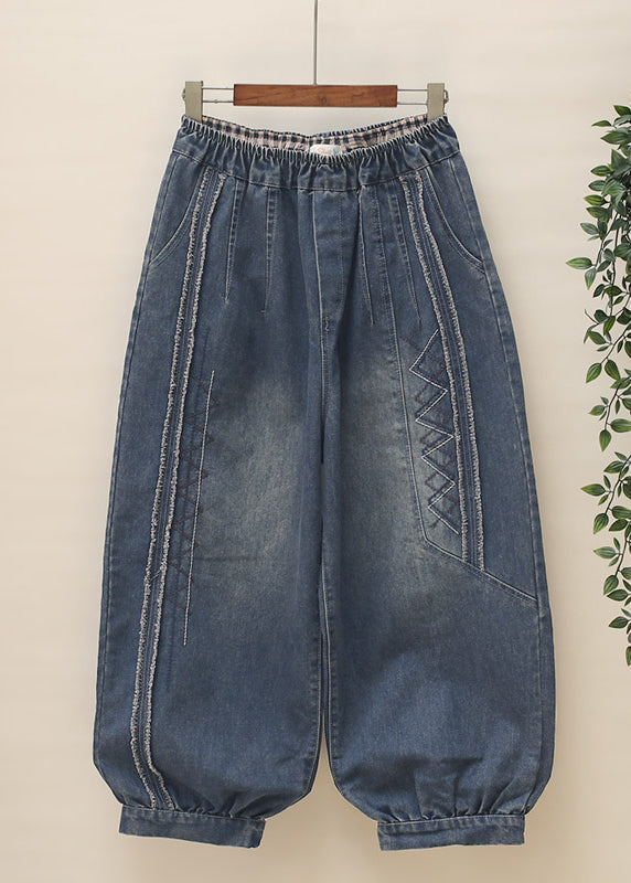 Blue Pockets Patchwork Elastic Waist Denim Harem Pants Spring
