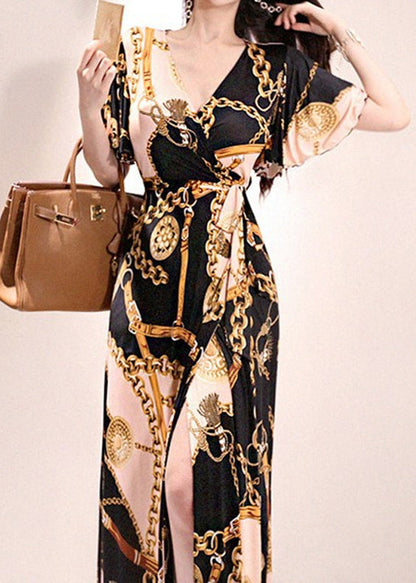 Gold V Neck Print Lace Up Cotton Long Dresses Summer