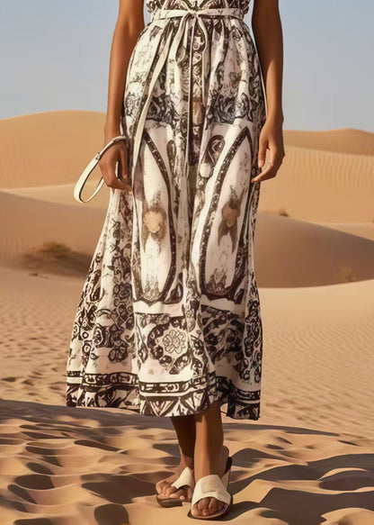Brown Tie Waist Print Cotton Long Dress Summer