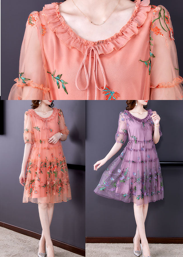 Purple Embroidered Tulle Holiday Dress Short Sleeve