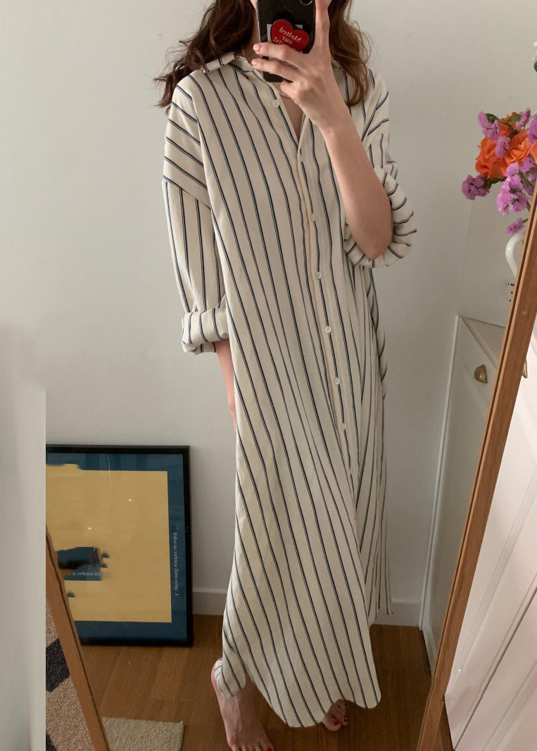 Beige Peter Pan Collar Button Maxi Shirts Dresses Spring