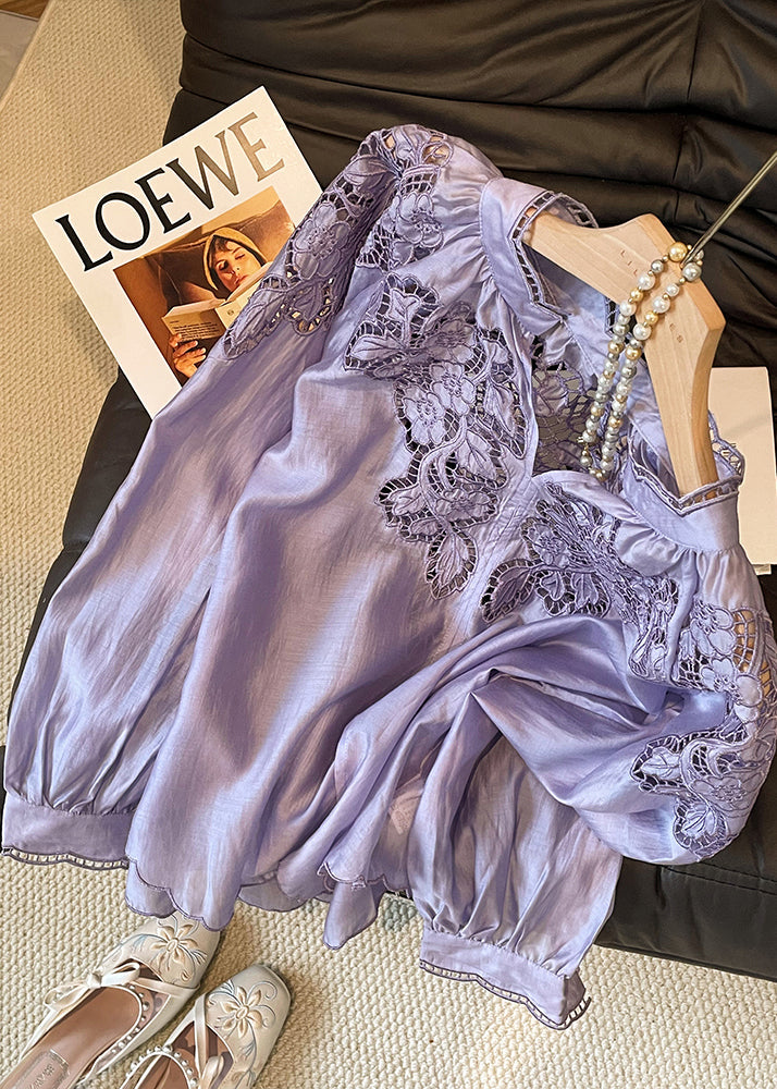 Purple Embroidered Hollow Out Silk Shirt Tops Fall