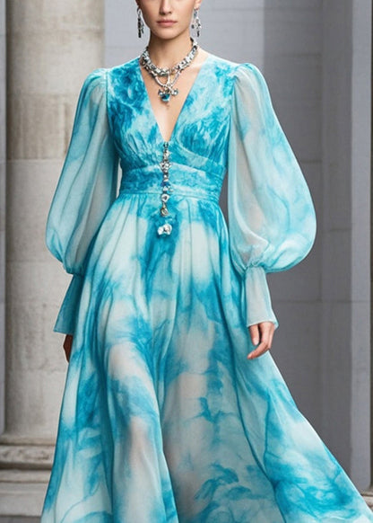 Blue V Neck Tie Dye Chiffon Maxi Dresses Fall