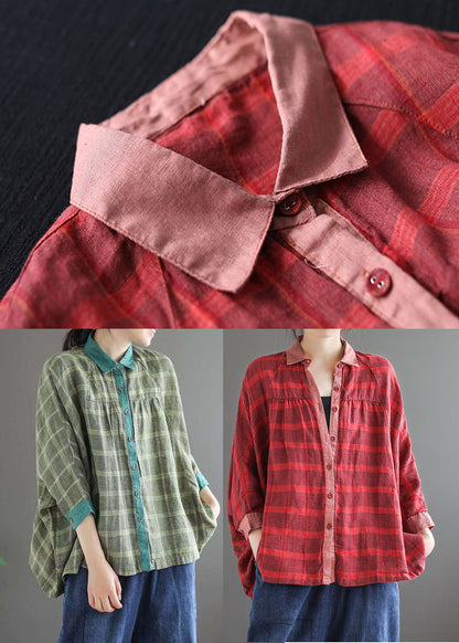 Green Plaid Patchwork Shirt Tops Three Quarter Sleeve