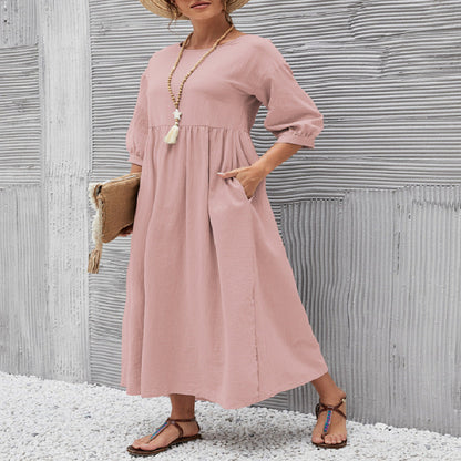 Spring Outfit Lantern Sleeve Loose Cotton and Linen Pocket Dress