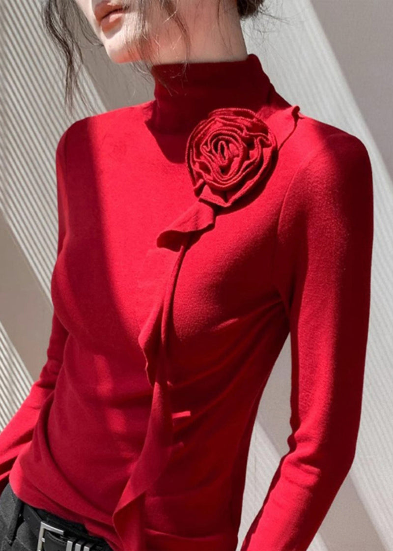 Red Stand Collar Decorated Cotton Shirt Tops Spring