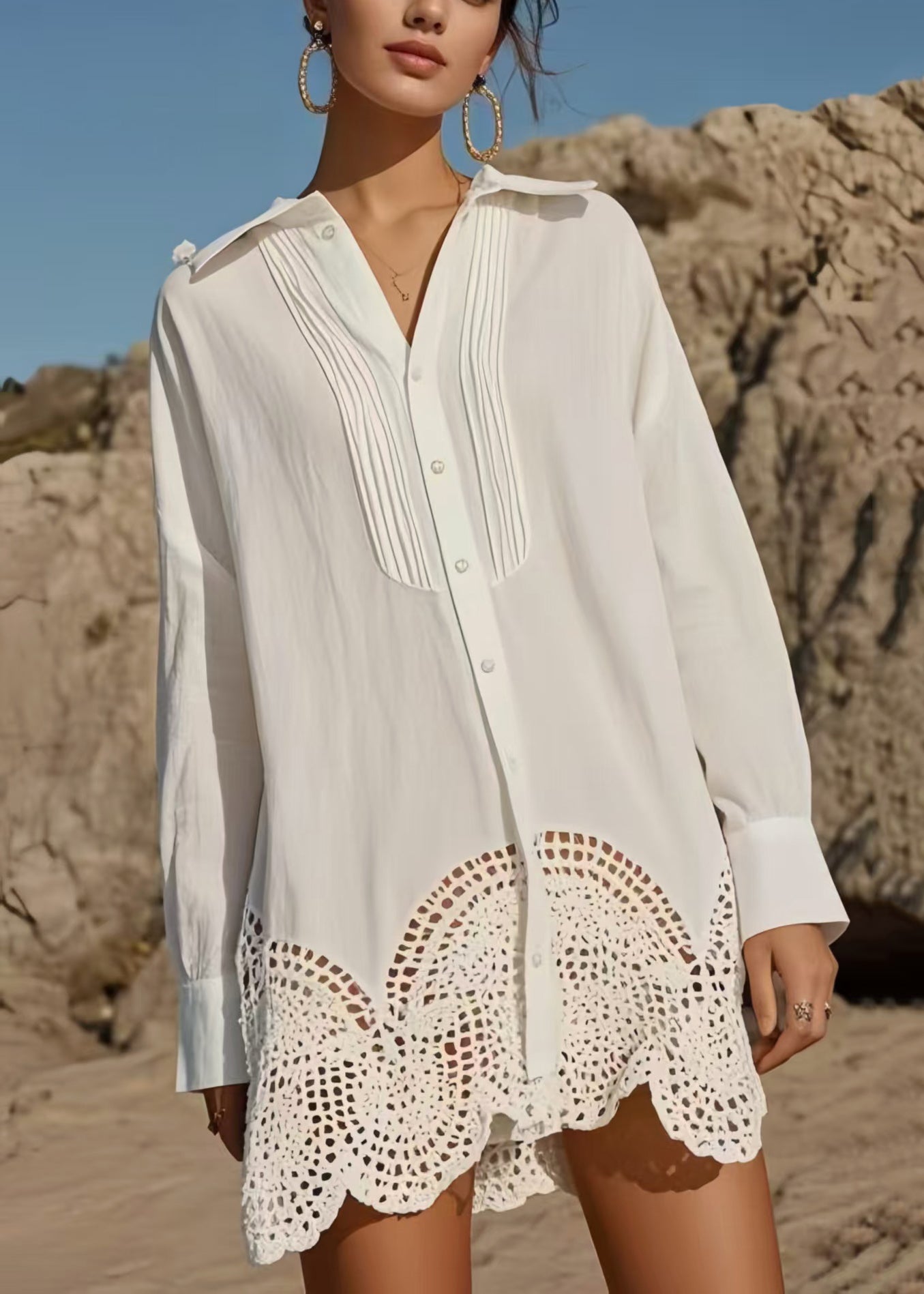 Diy White Hollow Out Wrinkled Cotton Long Shirts Spring