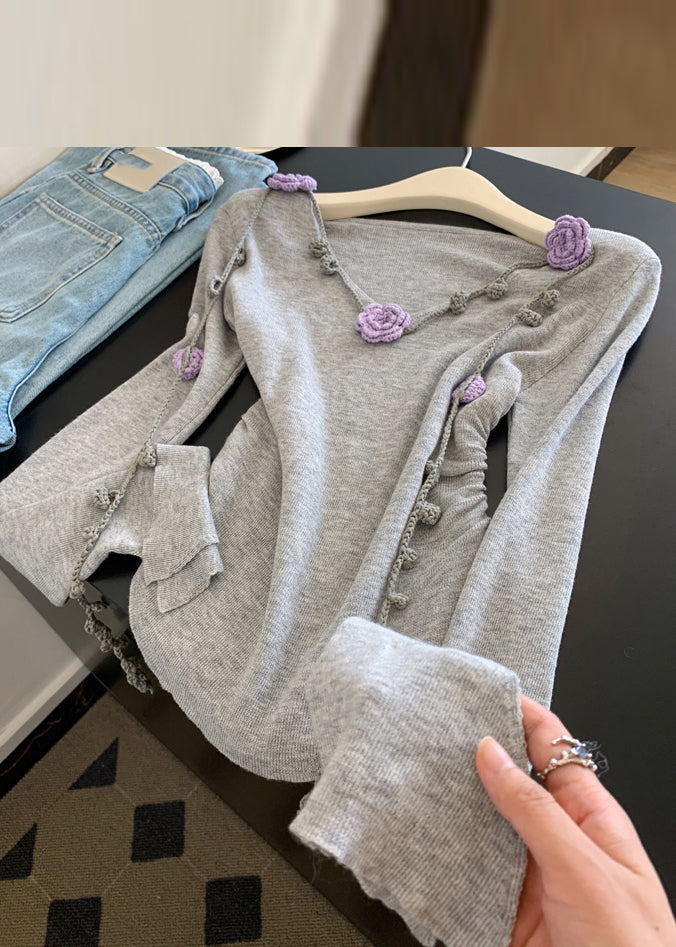 Novelty Grey V Neck Tie Lace Knit Tops Fall