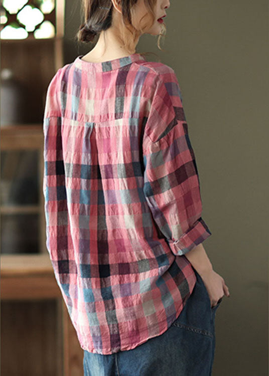 French Pink Retro Plaid Button Fall Shirts Long Sleeve