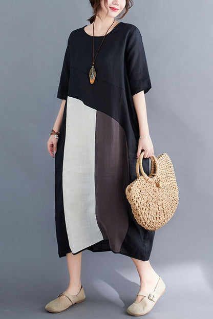 -summer Loose Colorblock Cotton Linen Dress