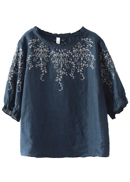 Handmade Navy Lantern Sleeve O-neck Embroidered Summer Ramie Blouses