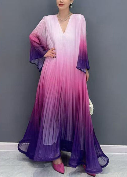 Blue Gradient Color V Neck Wrinkled Long Dress Flare Sleeve
