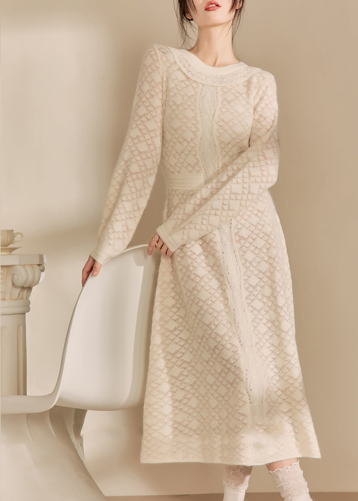 Jacquard Beige O-neck Flattering Knitted Cotton Thread Maxi Dresses Fall