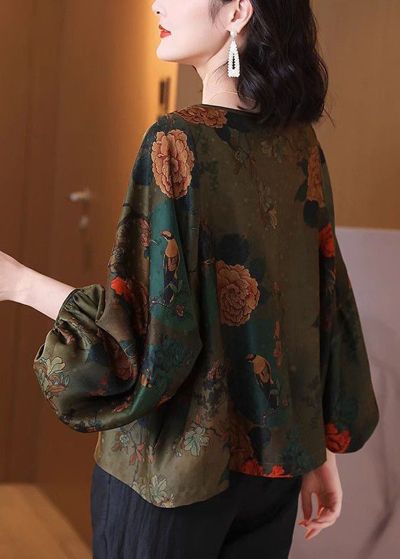 Loose Green O-neck Print Silk Shirt Bracelet Sleeve