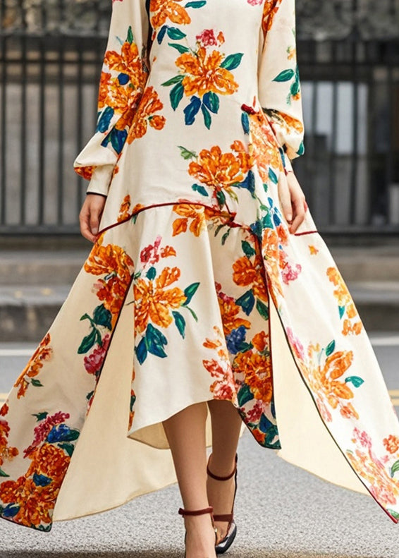 Apricot Print Asymmetrical Side Open Chinese Style Dress Fall
