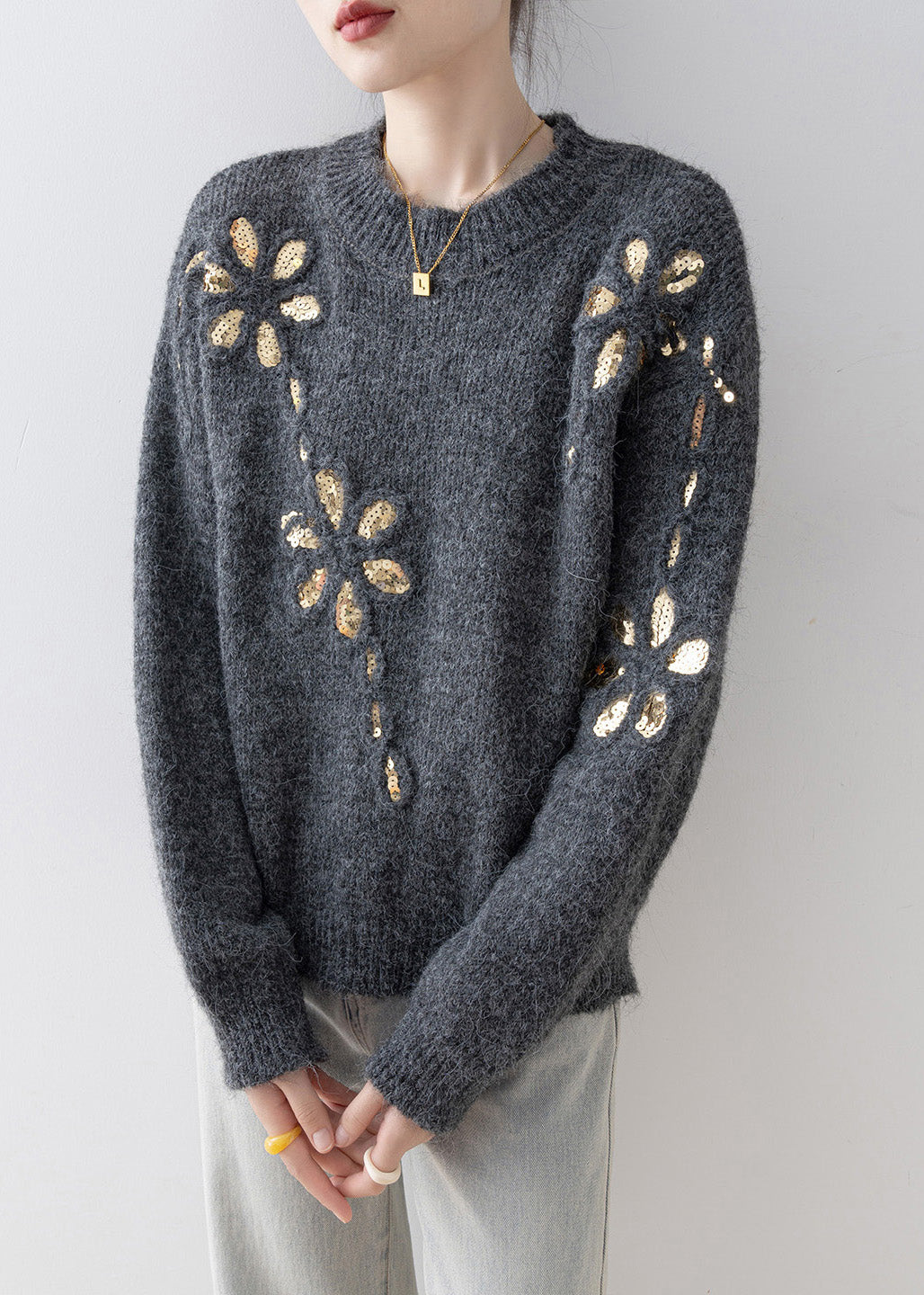 Fitted Grey O Neck Sequins Loose Knit Sweaters Spring