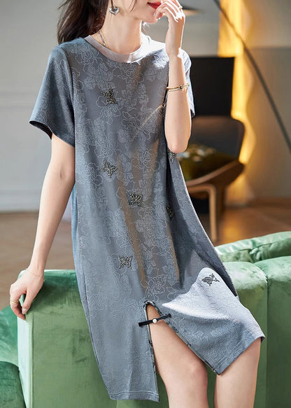 Grey O Neck Zircon Jacquard Side Open Silk Dresses Summer