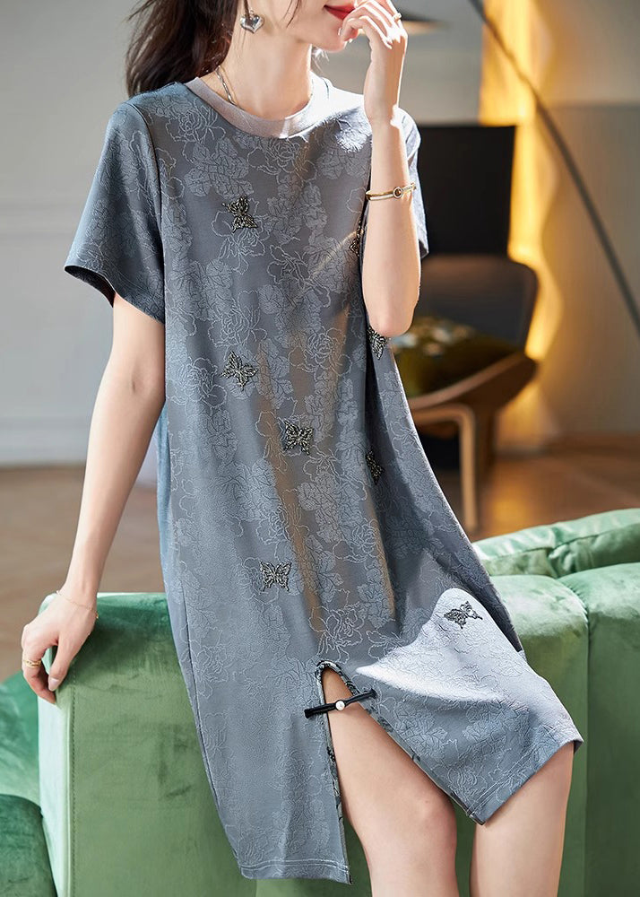 Grey O Neck Zircon Jacquard Side Open Silk Dresses Summer