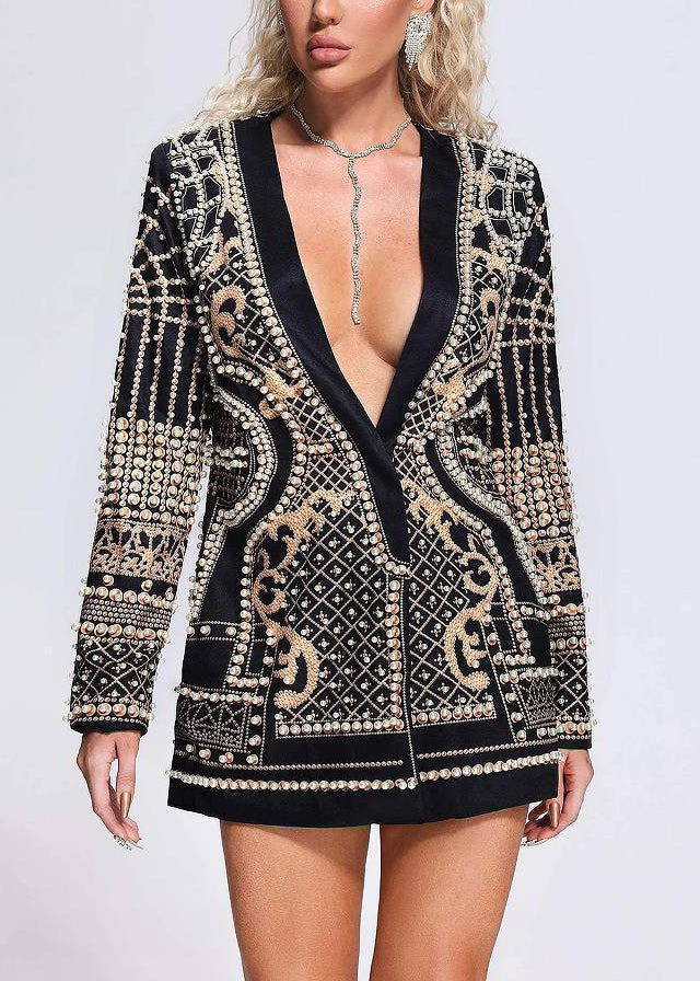 Style Yellow V Neck Print Nail Bead Patchwork Coat Fall