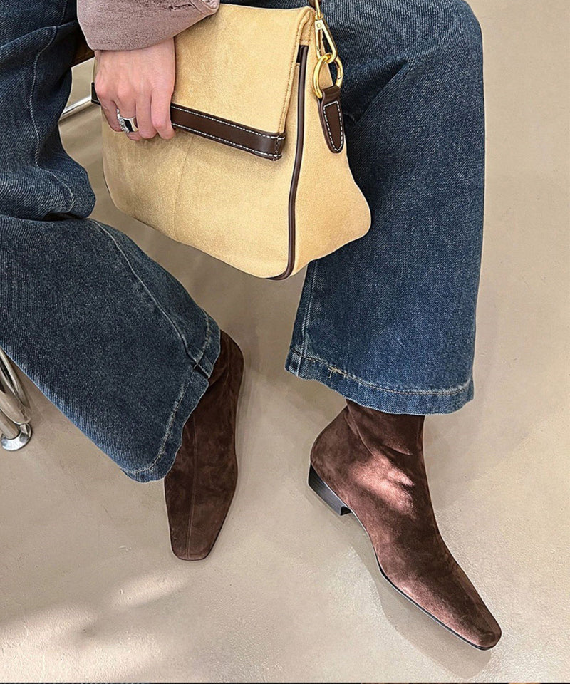 Brown Chunky Suede Comfy Splicing Zippered Boots