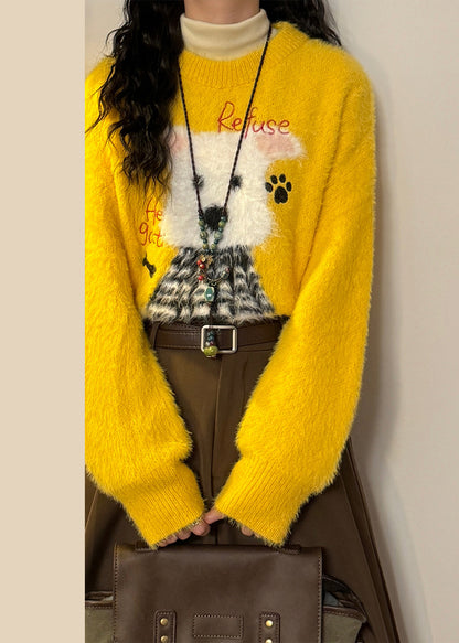 New Yellow Animal Jacquard Mink Hair Knitted Sweater Spring