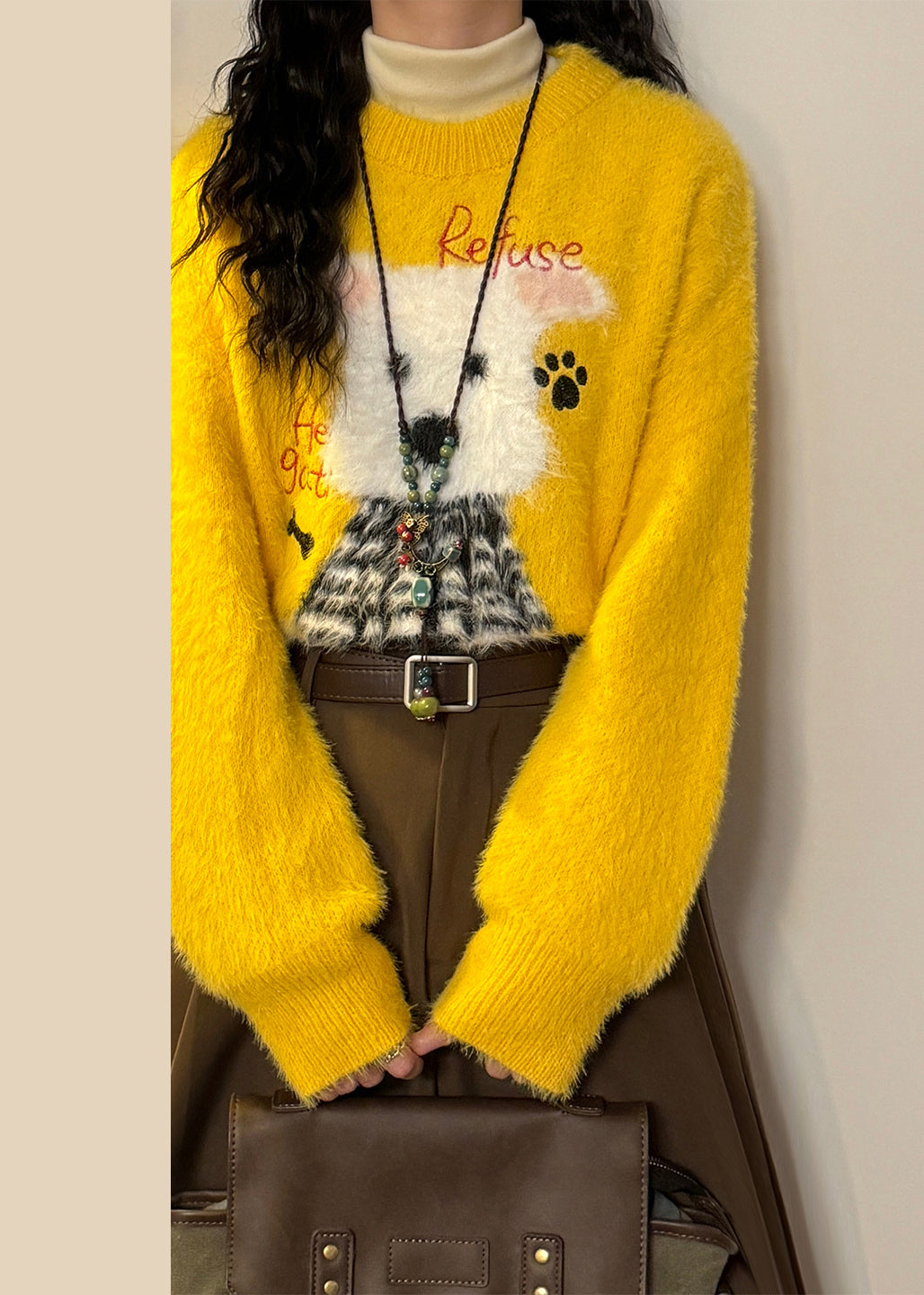 New Yellow Animal Jacquard Mink Hair Knitted Sweater Spring