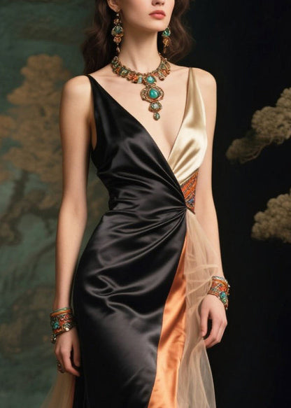 Black Side Open Patchwork Exra Large Hem Silk Vestidos Dresses Summer